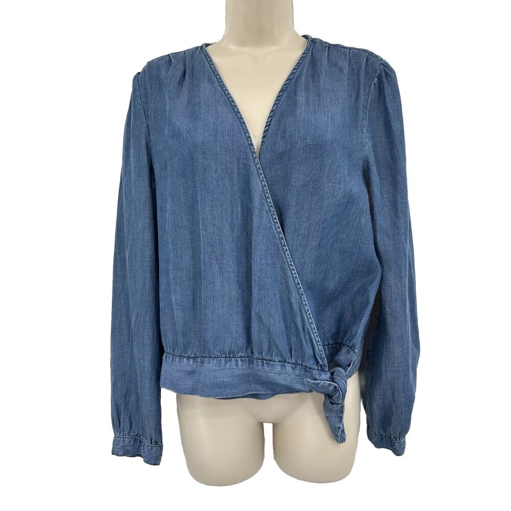 Blue Rain Francesca's Top Small Chambray Denim Long Sleeve Wrap Tie BOHO Western